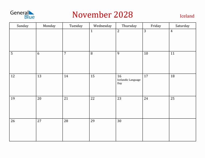 Iceland November 2028 Calendar - Sunday Start