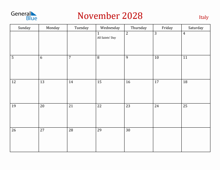 Italy November 2028 Calendar - Sunday Start