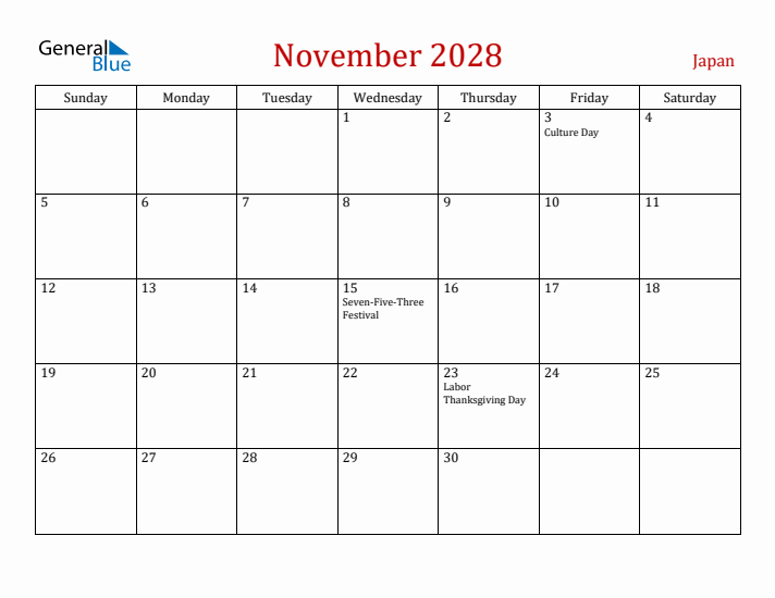 Japan November 2028 Calendar - Sunday Start