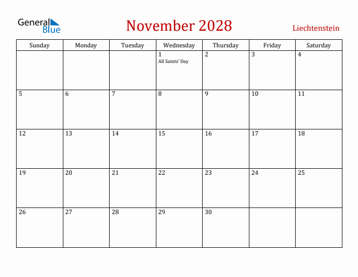 Liechtenstein November 2028 Calendar - Sunday Start