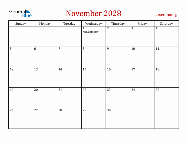 Luxembourg November 2028 Calendar - Sunday Start
