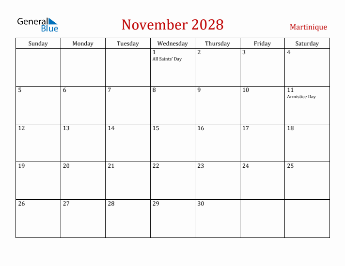 Martinique November 2028 Calendar - Sunday Start
