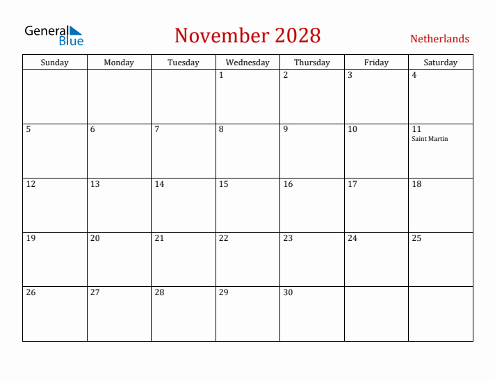 The Netherlands November 2028 Calendar - Sunday Start
