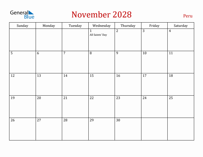 Peru November 2028 Calendar - Sunday Start