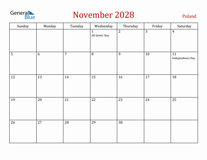 Poland November 2028 Calendar - Sunday Start