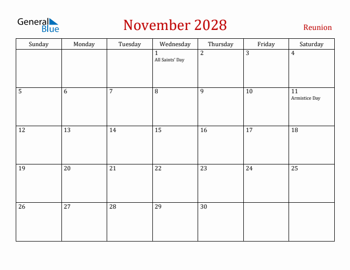 Reunion November 2028 Calendar - Sunday Start