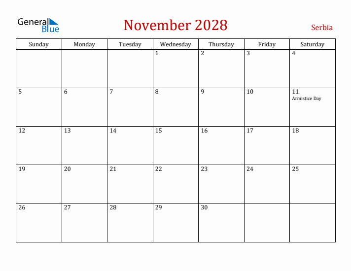 Serbia November 2028 Calendar - Sunday Start
