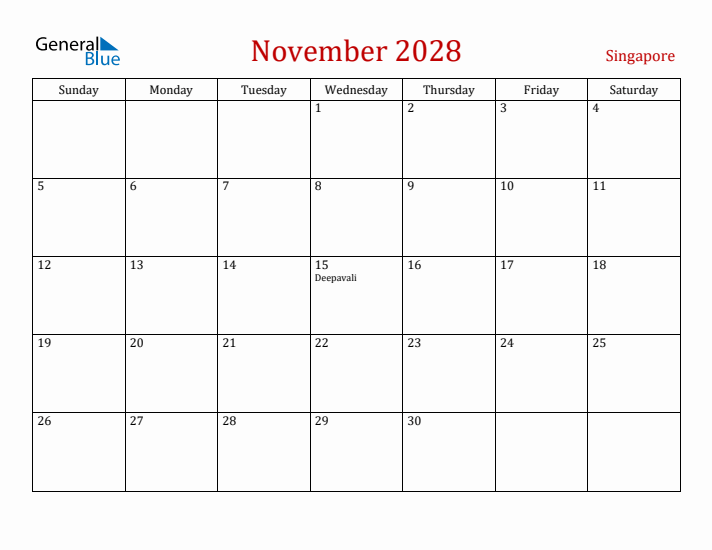 Singapore November 2028 Calendar - Sunday Start