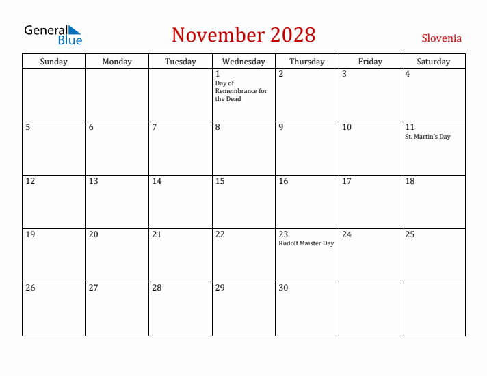 Slovenia November 2028 Calendar - Sunday Start