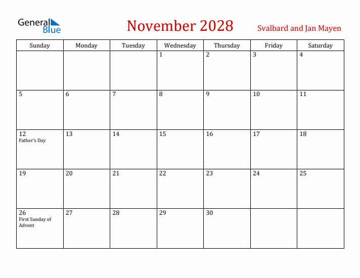 Svalbard and Jan Mayen November 2028 Calendar - Sunday Start