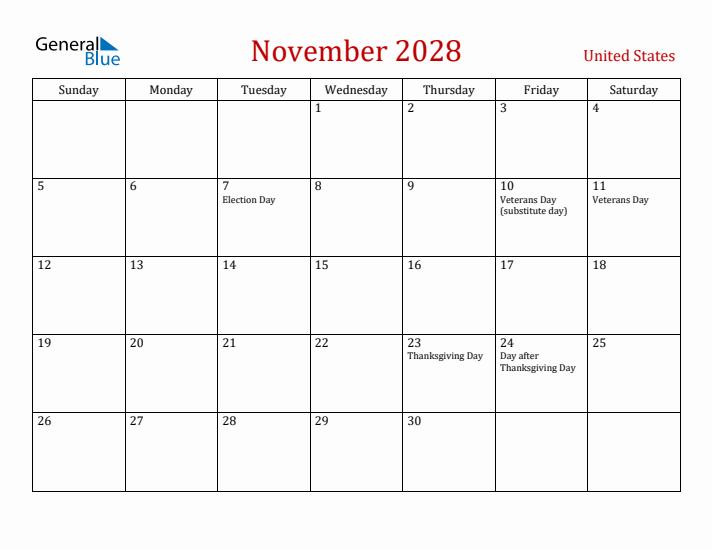 United States November 2028 Calendar - Sunday Start