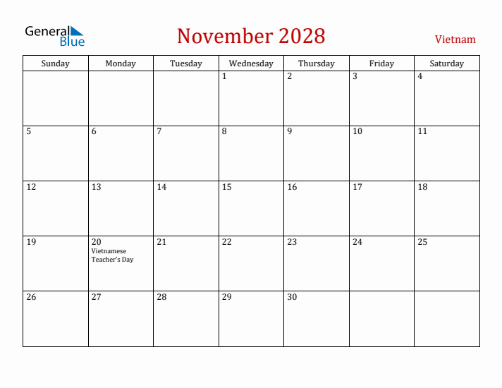 Vietnam November 2028 Calendar - Sunday Start