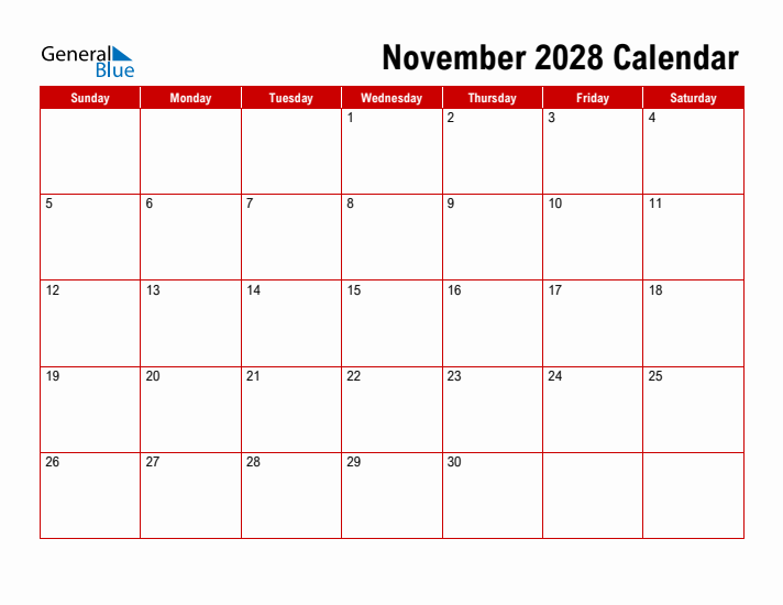 Simple Monthly Calendar - November 2028