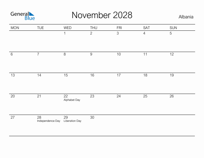 Printable November 2028 Calendar for Albania