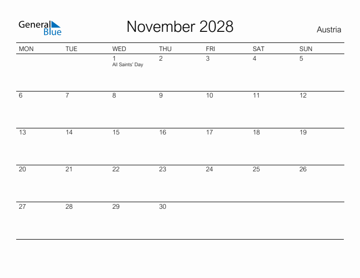 Printable November 2028 Calendar for Austria