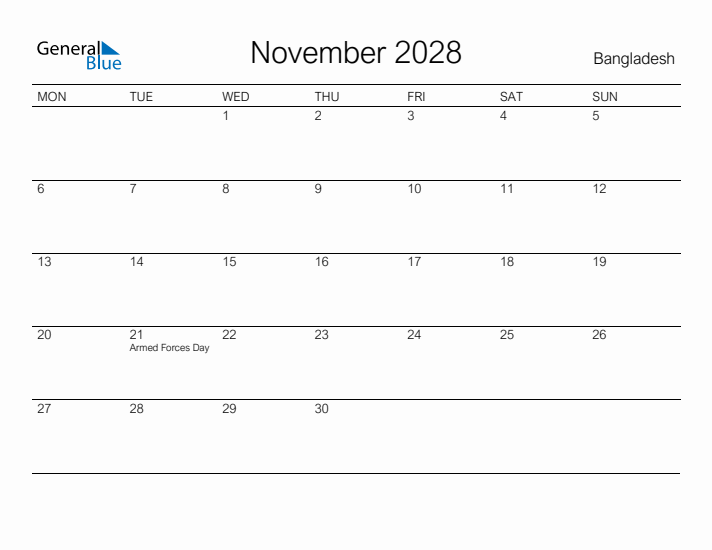 Printable November 2028 Calendar for Bangladesh