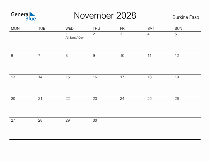 Printable November 2028 Calendar for Burkina Faso