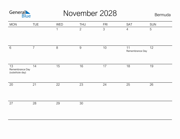 Printable November 2028 Calendar for Bermuda