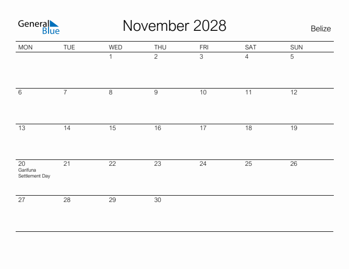 Printable November 2028 Calendar for Belize