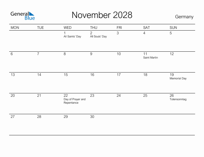 Printable November 2028 Calendar for Germany