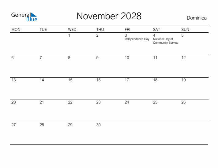 Printable November 2028 Calendar for Dominica