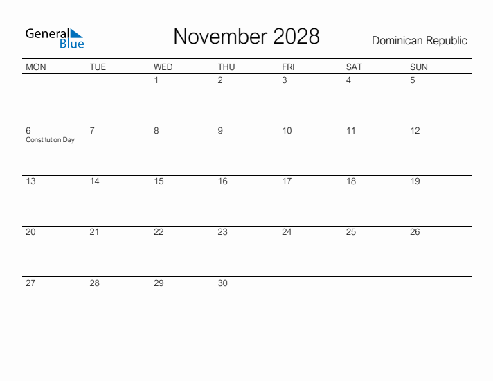 Printable November 2028 Calendar for Dominican Republic