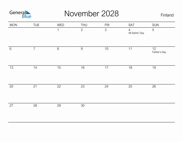 Printable November 2028 Calendar for Finland