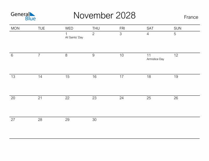 Printable November 2028 Calendar for France