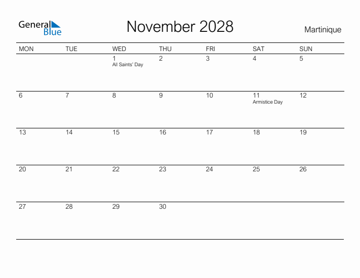 Printable November 2028 Calendar for Martinique
