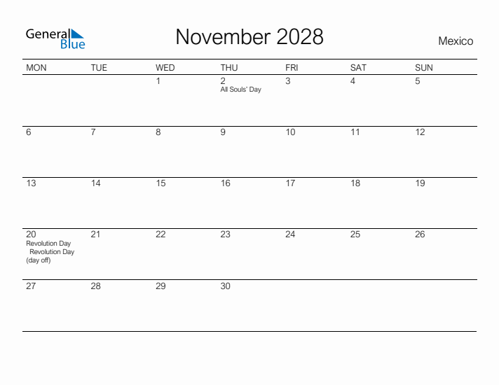 Printable November 2028 Calendar for Mexico