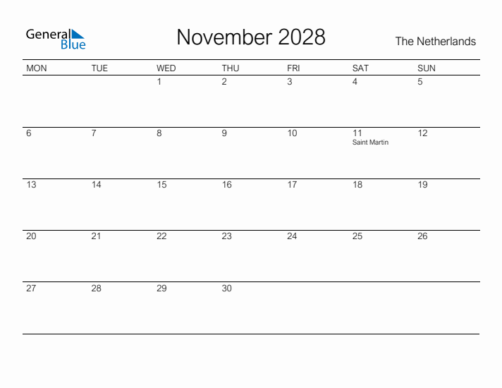Printable November 2028 Calendar for The Netherlands