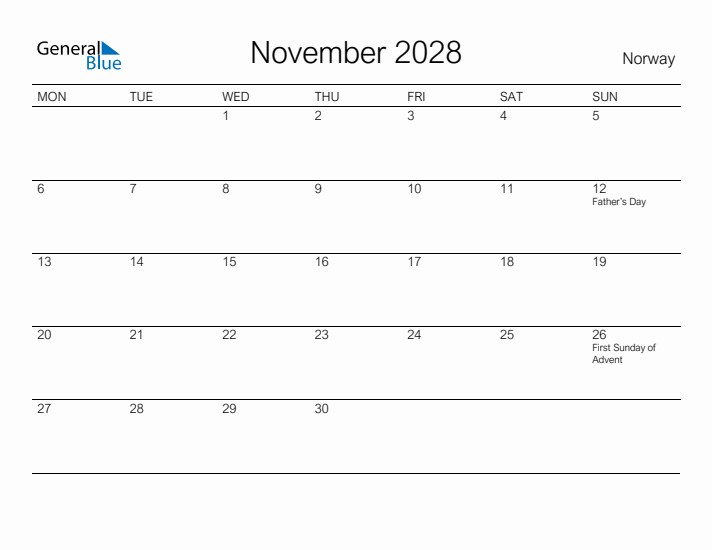 Printable November 2028 Calendar for Norway