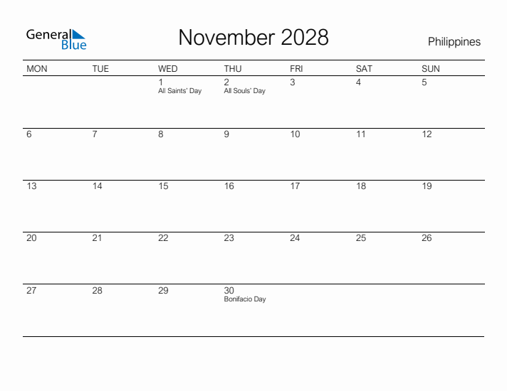 Printable November 2028 Calendar for Philippines