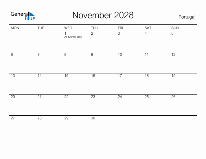 Printable November 2028 Calendar for Portugal