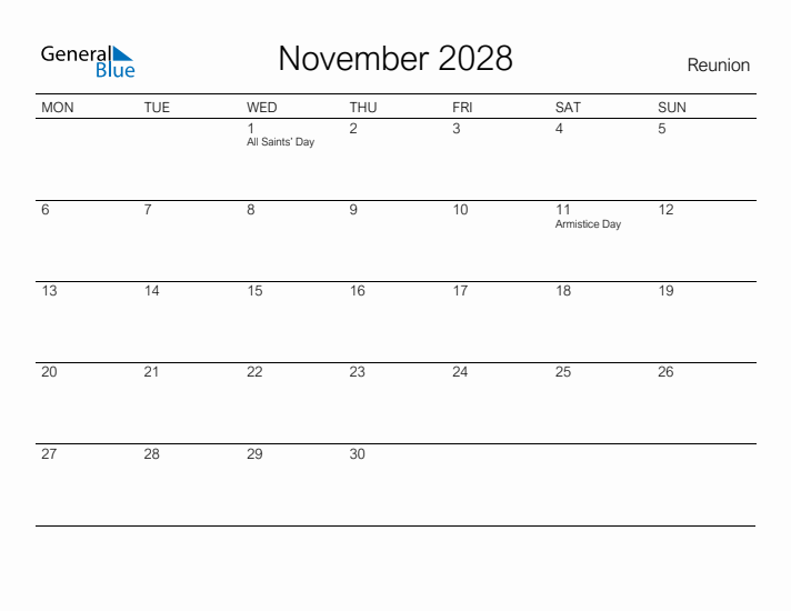 Printable November 2028 Calendar for Reunion
