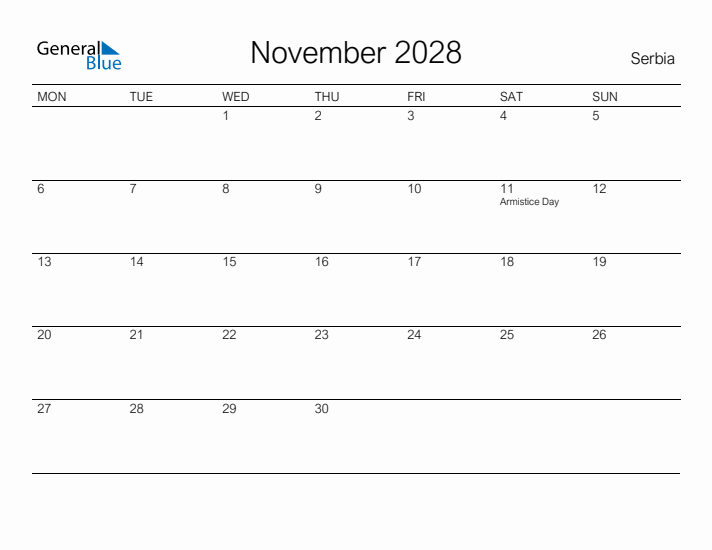 Printable November 2028 Calendar for Serbia