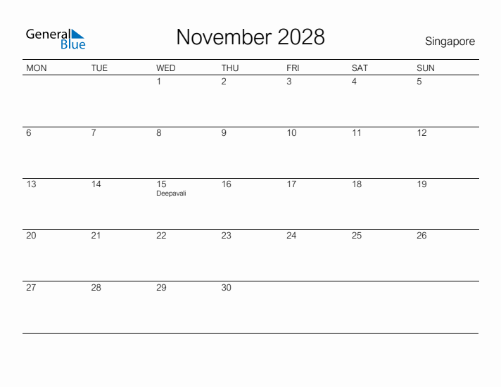 Printable November 2028 Calendar for Singapore