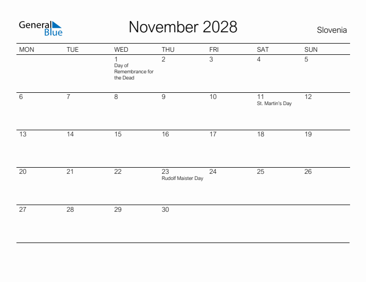 Printable November 2028 Calendar for Slovenia