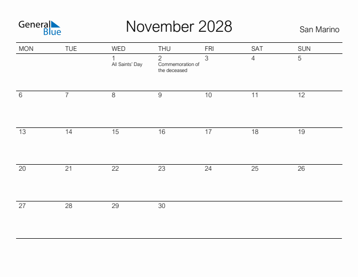 Printable November 2028 Calendar for San Marino