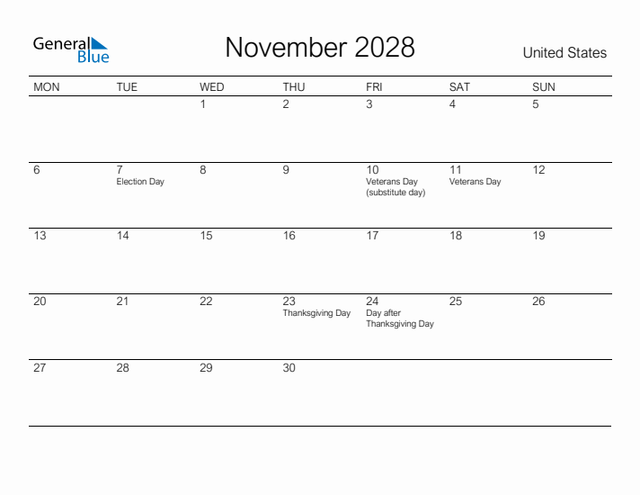 Printable November 2028 Calendar for United States
