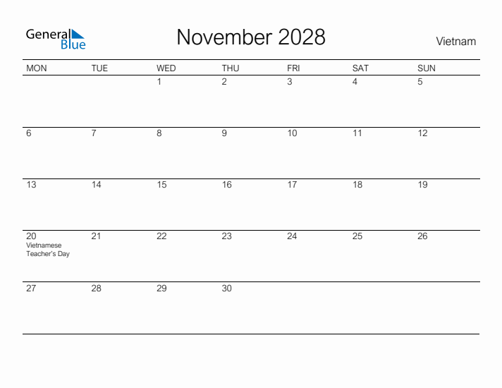 Printable November 2028 Calendar for Vietnam
