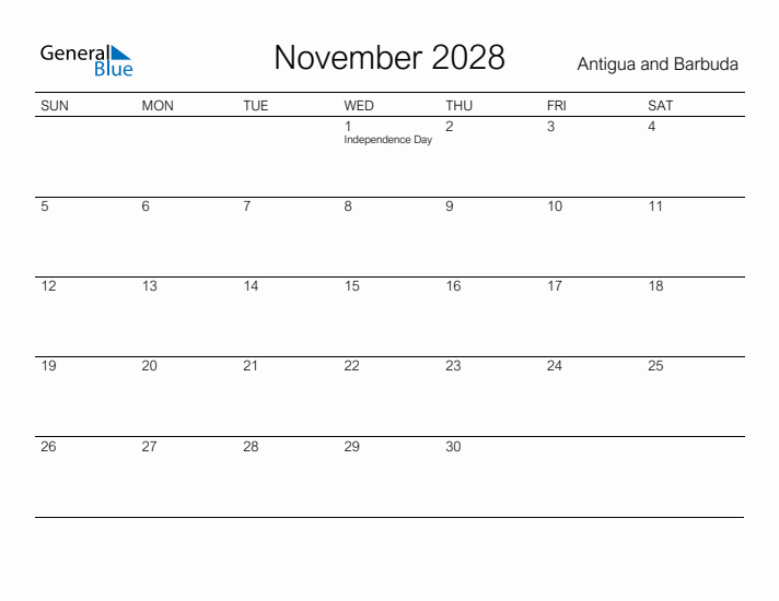 Printable November 2028 Calendar for Antigua and Barbuda