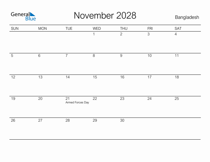 Printable November 2028 Calendar for Bangladesh