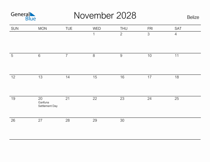 Printable November 2028 Calendar for Belize