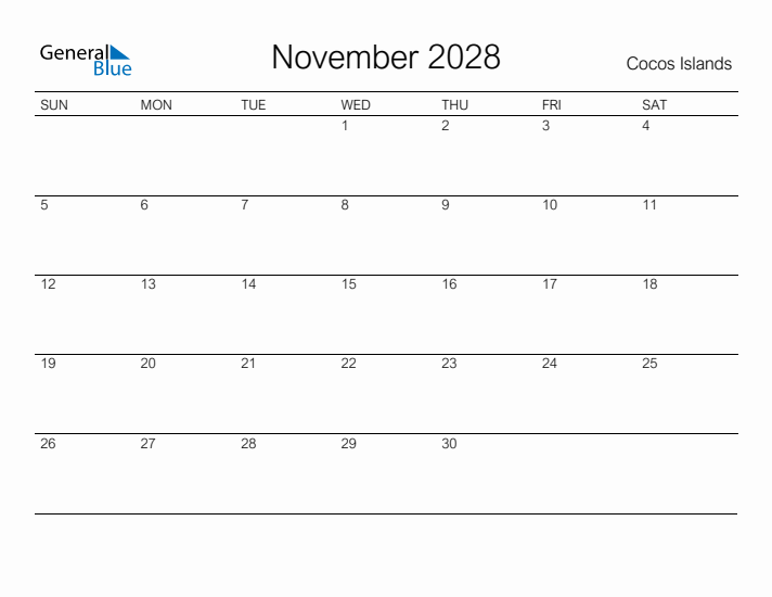Printable November 2028 Calendar for Cocos Islands