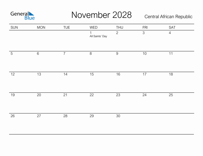 Printable November 2028 Calendar for Central African Republic