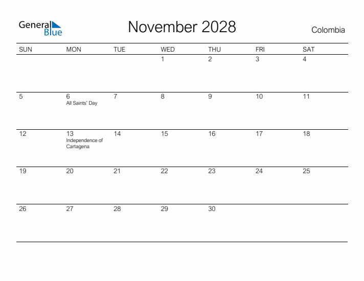 Printable November 2028 Calendar for Colombia