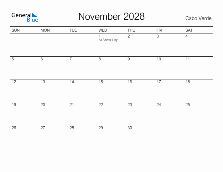 Printable November 2028 Calendar for Cabo Verde