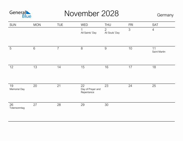 Printable November 2028 Calendar for Germany