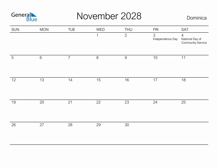 Printable November 2028 Calendar for Dominica